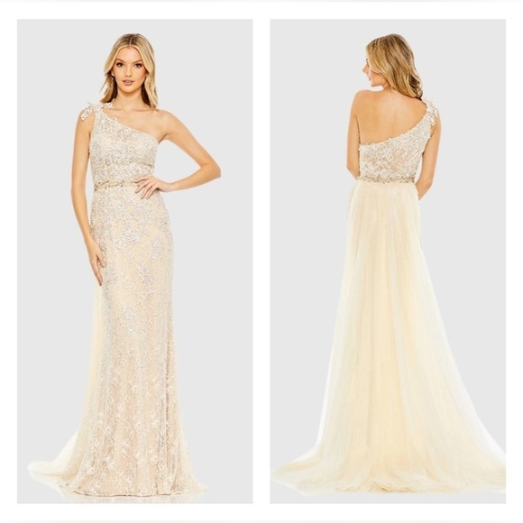 MAC DUGGAL 79315 NWOT Lace One Shoulder Train Gown - Picture 1 of 9